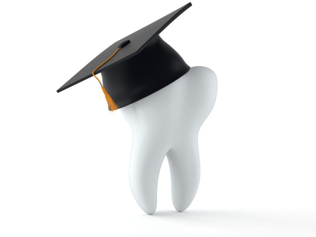A tooth in a graduation hat